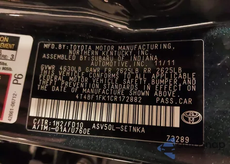2012 Toyota Camry Le from USA, damaged, VIN 4T4BF1FK1CR172882